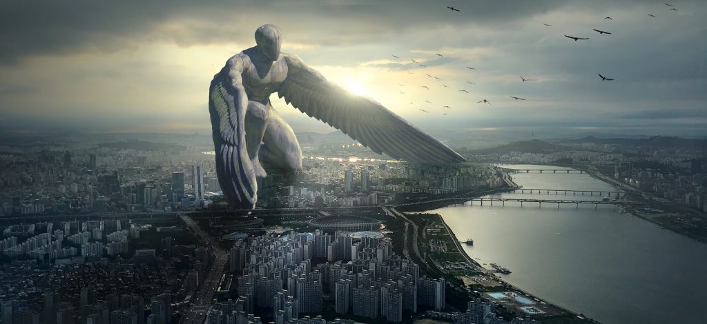 Our Riddle Game asked a riddle about angels. This is a 3d render piece of art, depicting a guardian angel over a city scape.